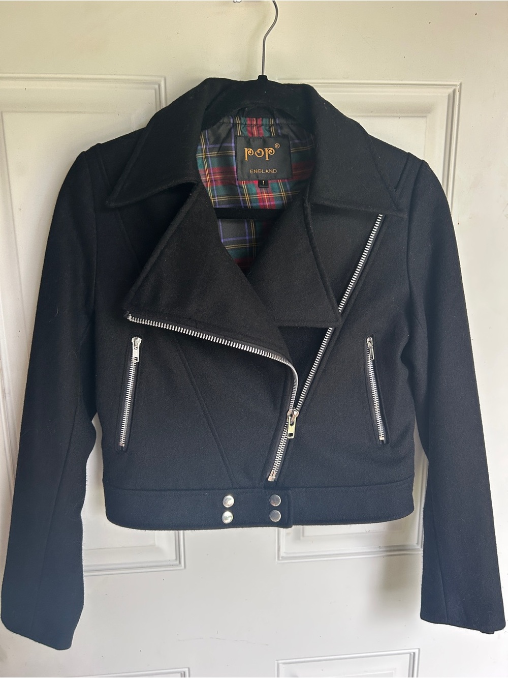 pop Black Asymmetric Zip Wool Motorcycle Jacket